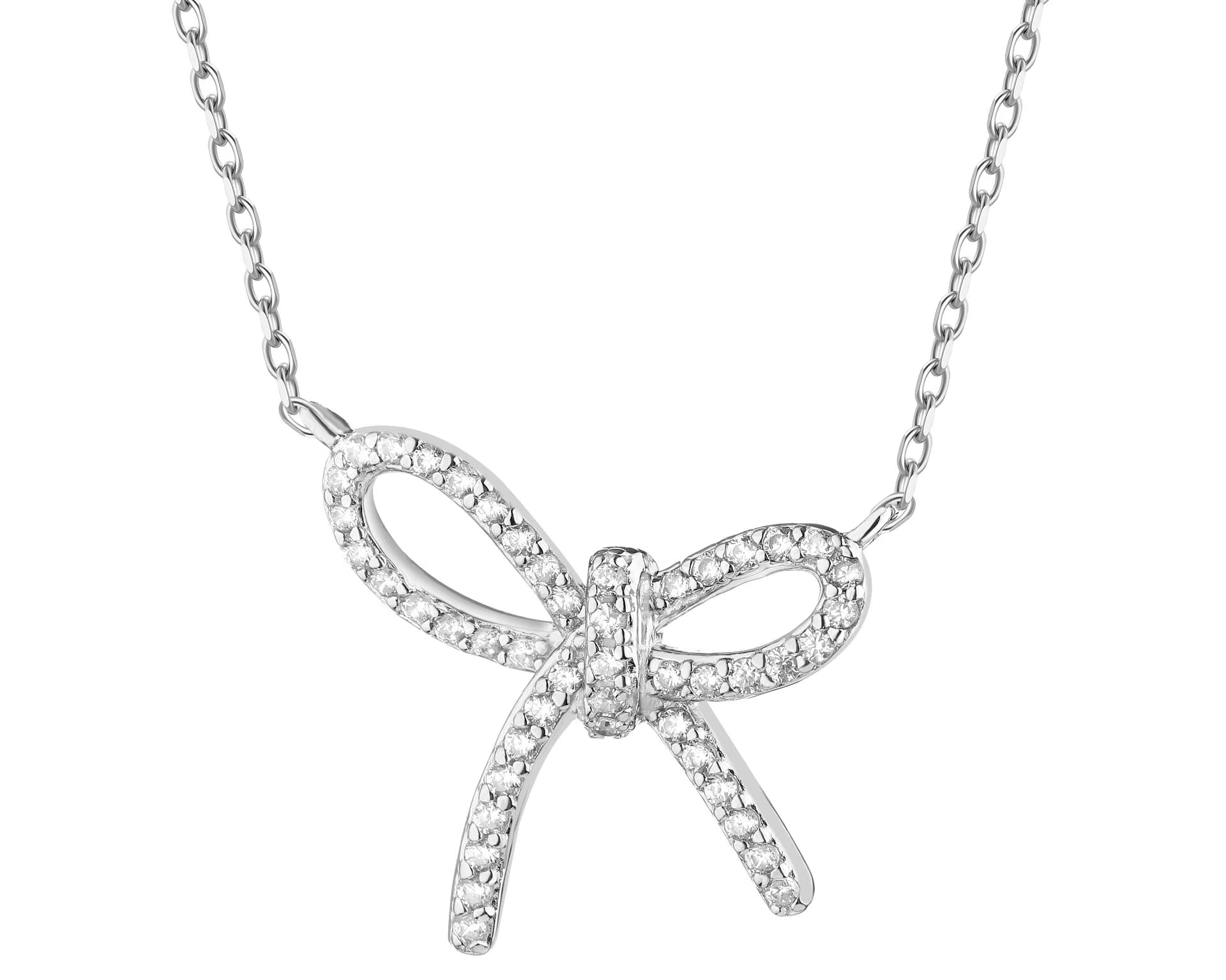 Naszyjnik srebrny rodowany 925 z cyrkoniami „kokardka” 17×17 mm