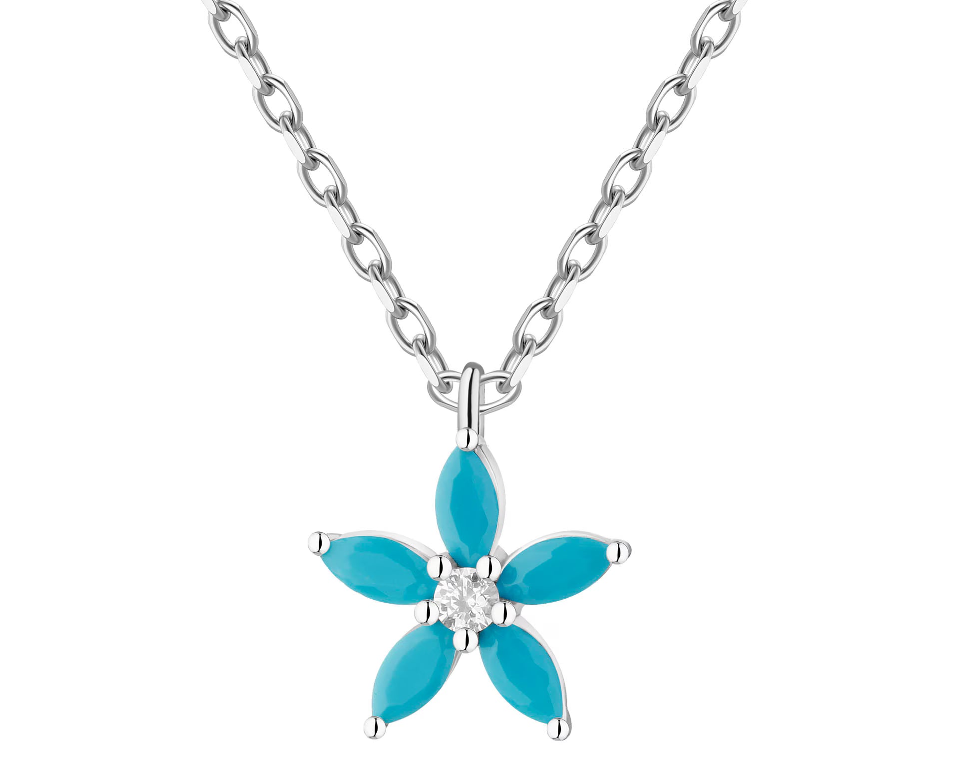 Naszyjnik srebrny rodowany 925 z cyrkoniami „kwiat” 10 × 9 mm