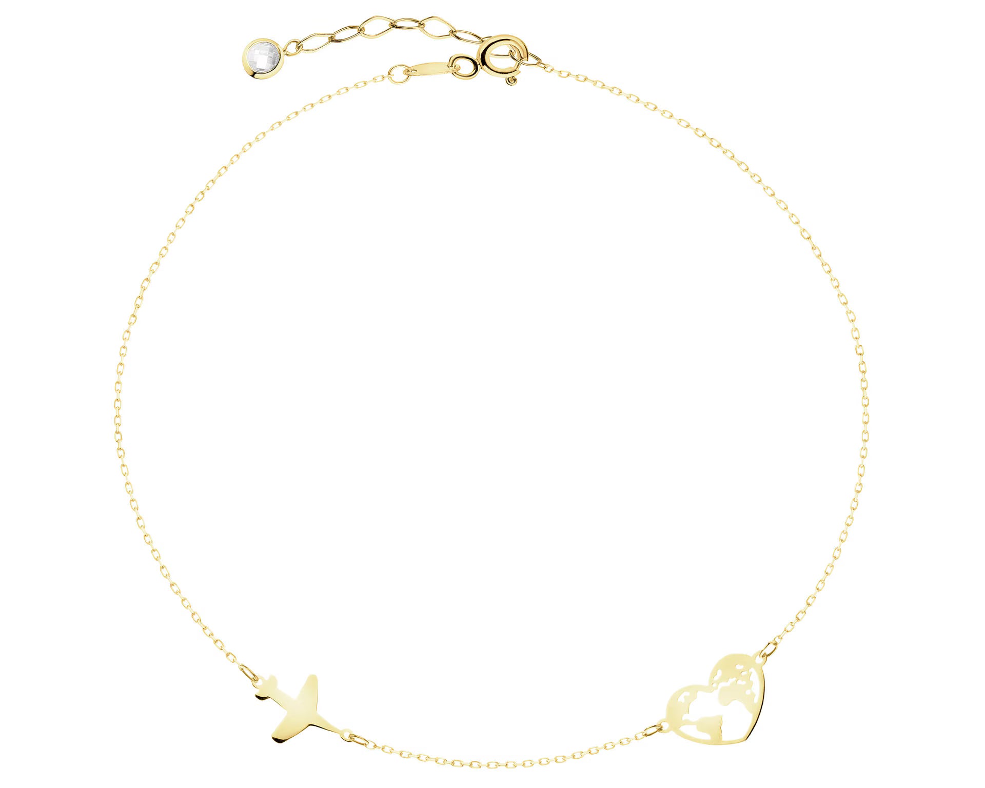 Bransoletka złota z cyrkonią – samolot, serce, mapa świata, złoto 585